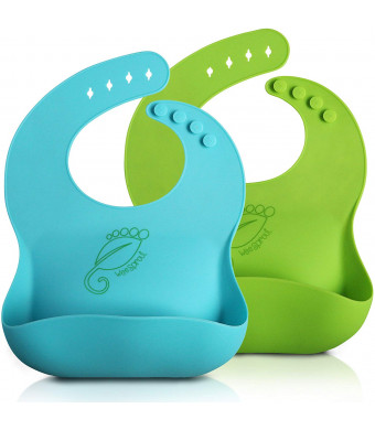 WeeSprout Waterproof Silicone Baby Bibs - Set of 2 - Quick and Easy to Clean - Silky Soft and Comfortable for Boys and Girls - Wide Pocket Stays Open and Catches Everything - Adjustable and Toddler Proof