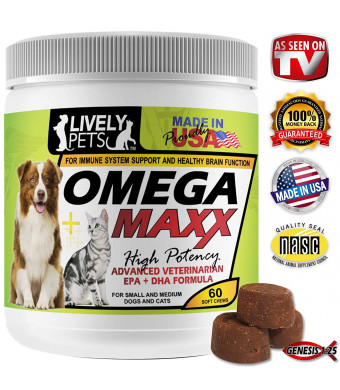 Lively Pets Omega Maxx #1 Soft Chew Fish Oil Supplement Dogs - Small Medium - Large and Giant | High Potency EPA DHA Formula