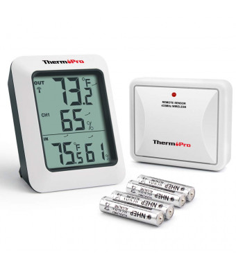 ThermoPro TP-60S Digital Hygrometer Indoor Outdoor Thermometer Humidity Monitor, with Temperature Gauge Meter, Wireless, 200ft/60m Range, White