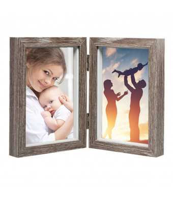 CECIINION New MDF Wood Photo Frame Shadow Box, Hinged Double Picture Frames,with Glass Front, Fit for Stands Vertically on Desk Table Top (for 4x6in Photos,Grey Color)