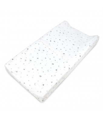 American Baby Company Printed 100% Natural Cotton Jersey Knit Fitted Contoured Changing Table Pad Cover, Also Works with Travel Lite Mattress, Grey Stars and Moon, Soft Breathable, for Boys and Girls