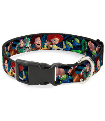 Buckle-Down Plastic Clip Collar - Toy Story Characters Running2 Denim Rays - 1/2" Wide - Fits 9-15" Neck - Large