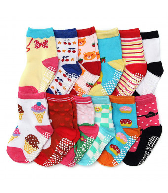 ShoppeWatch Baby Girl Socks with Grips 12 Pairs for Toddler Kids Infants Babies Anti Slip Non Skid Bottoms 2T and 3T Walkers BBSK42