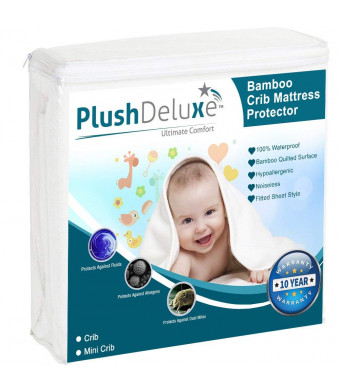 PlushDeluxe Crib Mattress Protector 100% Waterproof, Hypoallergenic, Vinyl Free  Bamboo Quilted Ultra Soft White Terry Fitted Sheet Style