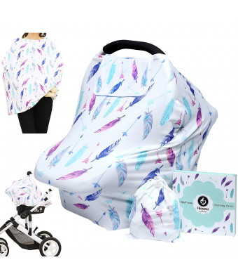 Hicoco Nursing Cover Carseat Canopy - Baby Breastfeeding Cover, Car Seat Covers for Babies, Multi Use Nursing Scarf, Infant Stroller Cover, Boys and Girls Shower Gifts (Feather)