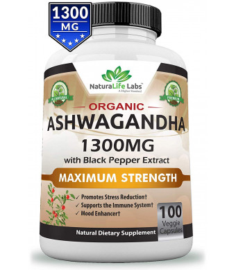 Organic Ashwagandha 1300mg - 100 Vegan Capsules Pure Organic Ashwagandha Root Extract and Powder - Natural Anxiety Relief, Mood Enhancer, Immune and Thyroid Support, Anti Anxiety