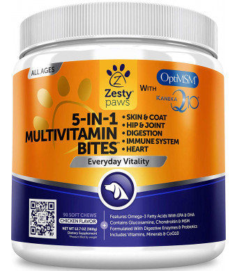 Zesty Paws Multivitamin for Dogs - Glucosamine and Chondroitin + MSM for Hip and Joint + Arthritis Relief - Digestive Enzymes and CoQ10 + Fish Oil for Skin and Coat - for All Ages