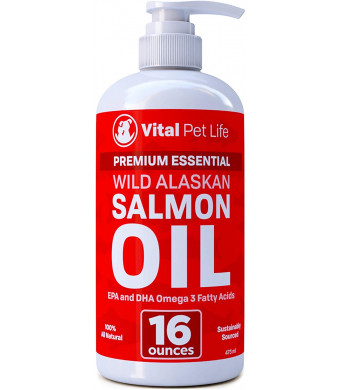 Salmon Oil for Dogs, Cats, and Horses, Fish Oil Omega 3 Food Supplement for Pets, Wild Alaskan 100% All Natural, Helps Dry Skin, Allergies, and Joints, Promotes Healthy Coat, Helps Inflammation, 16 oz