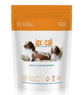 Jax and Cali  All-Natural Extra Large Pet Wipes  All Natural Hypo-Allergenic and Fragrance-Free Wipes for Dogs and Cats  8 x 10 Superior Textured (10 Individually Wrapped Wipes in Resealable Bag)