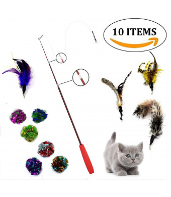 Goldween Retractable Cat Wand, Teaser | Interactive Cat Toy with Feathers and Mylar Crinkle Balls | Value 10 Pack Cat Combo Toy Set| Cat Exerciser and Charmer