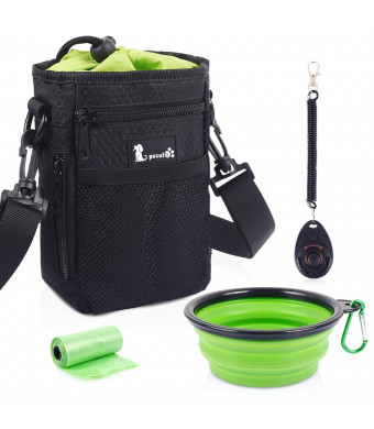Dog Treat Bag with Built-in Poop Bag Dispenser, Waterproof, Adjustable Waist/Shoulder Strap, Multiple Pockets for Carrying Treat, Toys, Food