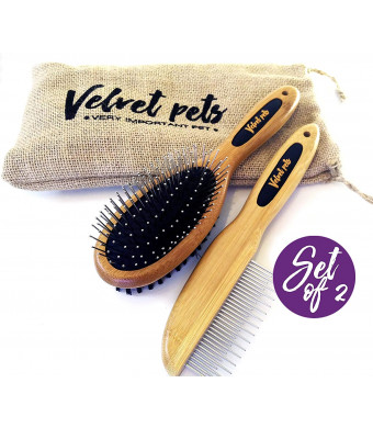 VelvetPets Dog Brush and Comb Set Pet Grooming Brush Set for Detangling and Shedding - Great for Short, Long Hair Pets