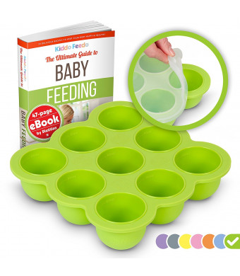 KIDDO FEEDO Baby Food Storage Container and Freezer Tray with Silicone Clip-On Lid - 9x2.5oz Easy-Out Portions - BPA Free and FDA Approved - Free eBook by Award-Winning Author/Dietitian - Green