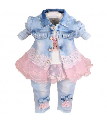 YAO Baby Girls Denim Clothing Sets 3 Pieces Sets T Shirt Denim Jacket and Jeans