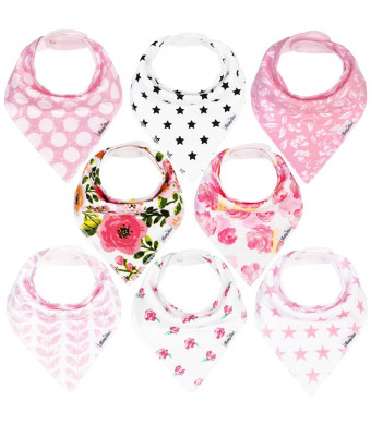 KiddyStar Bandana Bibs for Girls, 8-Pack Drool Bib Set, Organic, Adjustable, Soft, Absorbent, Stylish and Chic Prints, Newborn and Baby Shower Gift for Drooling and Teething