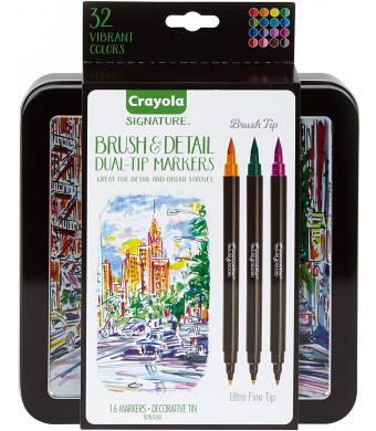 Crayola Brush Markers, Dual-Tip with Ultra Fine Marker, Decorative Storage Case, 32 Colors, 16 Count, Gift