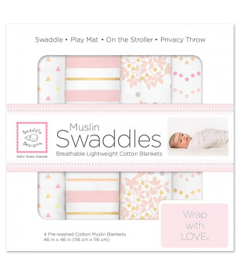 SwaddleDesigns Cotton Muslin Swaddle Blankets, Set of 4, Pink Heavenly Floral