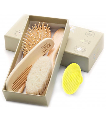 Wooden Baby Hair Brush and Comb Set (4-Piece) for Newborns and Toddlers | Ideal for Baby Cradle Cap | Wood Bristles Baby Brush | Baby Massage and Scalp Brush | Perfect for Baby Registry Gift Set | Hea