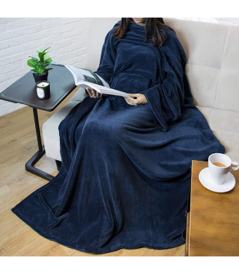 PAVILIA Premium Fleece Blanket with Sleeves for Adult, Women, Men | Warm, Cozy, Extra Soft, Microplush, Functional, Lightweight Wearable Throw (Navy, Regular Pocket)