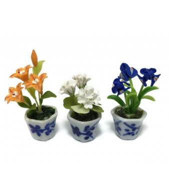 3pc Miniature Clay Flower Dollhouse Fairy Garden Mini Plant Trees Ceramic Paint Furniture Bundles Artificial Flowers Orchid #056
