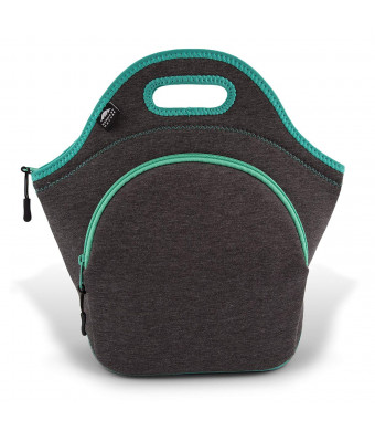 Insulated Large Neoprene Lunch Bag For Women, Men and Kids | Pocket | 5mm Insulation | 13.5 | Reusable | Washable | Soft Designer Cotton | Lunch Box | Best YKK Zipper In The World |Dark Grey/Lagoon