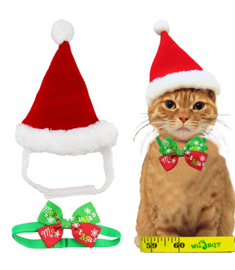 Adorable Cute Cat Dog Christmas Santa Hat and Bow Tie Collar for Cats Kitten Puppy Small Pets, Red and White