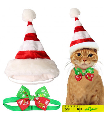 Red and White Striped Cat Kitten Puppy Christmas Santa Hat and Bow Tie Collar for Cats Small Dogs Pets