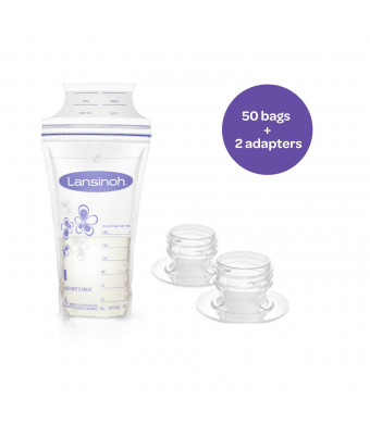 Lansinoh Breastmilk Storage Bags, 50 Count Convenient Milk Storage Bags for Breastfeeding, Includes 2 Free Pump adapters