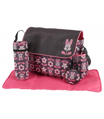 Disney Minnie Mouse Multi Piece Diaper Bag with Flap, Floral Print, Gray/Pink