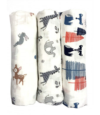 Cotton Muslin Swaddle Blankets, Set of 3, "My First Furry Friends" Perfect Baby Shower Baby Registry Gift