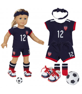 18 Inch Doll Clothes(Team USA 6 Piece Soccer Uniform,Inchudes Shirt,Shorts,Socks,Headwear,Football,Shoes,Fits 18" American Girl Dolls)