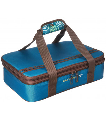 Rachael Ray Expandable Lasagna Lugger, Double Casserole Carrier for Potluck Parties, Picnics, Tailgates - Fits two 9"x13" Casserole Dishes, Marine Blue Floral Medallion