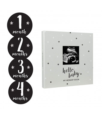 Pearhead Hello Baby, Black and White Stars, Baby Memory Book with Included Baby Belly Stickers