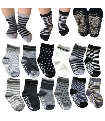 Kakalu 12 Pairs Non Skid Ankle Cotton Socks Baby Walker Boys Girls Toddler Anti Slip Stretch Knit Stripes Star Footsocks Sneakers Crew Socks With Grip For 16-36 Months Baby