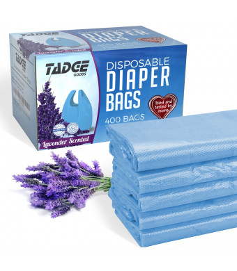Tadge Goods Baby Disposable Diaper Bags  100% Biodegradable Diaper Sacks with Lavender Scent and Added Baking Soda to Absorb Odors - 400 Count (Blue)