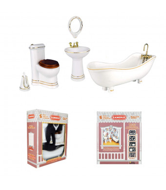 Zamonji 5 pcs Porcelain Gold Rim Dollhouse Furniture Bathroom Set - Tub, Sink, Toilet, Mirror, Brush Holder