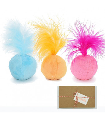 PetJollies Interactive Catnip Cat Toys Ball Plush Cat Toy with Feathers and Bell Inside for Kitten in Gift Box by (Pack of 3)