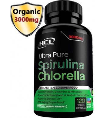 Chlorella Spirulina Powder Capsules Organic- Purest Non-Irradiated Blue Green Algae Tablets - Best Raw Vegan Protein Green Superfood Broken Cell Wall  Made in USA