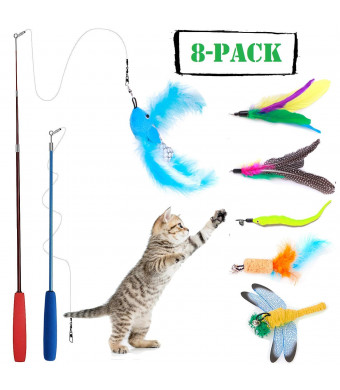8 Pcs Cat Feather Toy, Cat Toy Wand, Teaser Wand Toy Set, Keklle Cat Toys Interactive Retractable Wand Rod with Assorted Feather Toy for Exercising Kitten or Cat
