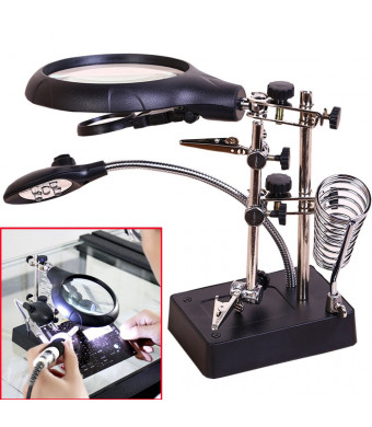 AORAEM 2.5X 7.5X 10X LED Light Helping Hands Magnifier Station,Magnifying Glass Stand with Clamp and Alligator Clips