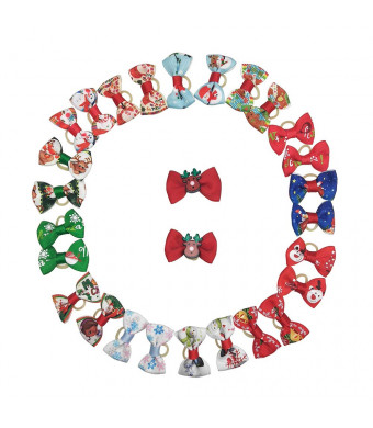 CSPRING 28PCS/14Pairs Mix Styles Cute Puppy Dog Hair Bows Topknot Small Pet Grooming Products with Rubber Bands for Christmas Decorations