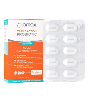 Omax Probiotic Prebiotic Inulin Chicory Root Fiber Supplement, Synbiotic Vegan, Non-Dairy, 50 Billion CFU 10 Strains, Lactobacillus Acidophilus, Blister Packed, Triple Action - 30 Vege-Caps