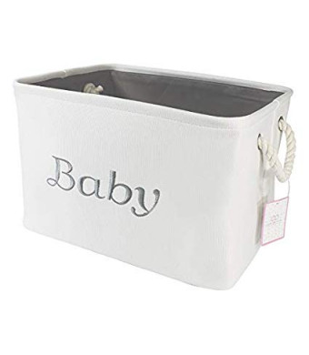 Storage Basket for Nursery, Baby girl or boy, White Canvas fabric Storage Bin with Gray Embroidering. Perfect as Nursery Organizer and Storage, Decorative storage box. Great Baby Shower Basket idea.