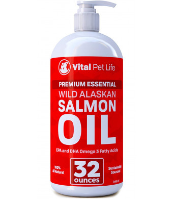 Salmon Oil for Dogs, Cats, and Horses, Fish Oil Omega 3 Food Supplement for Pets, Wild Alaskan 100% All Natural, Helps Dry Skin, Allergies, and Joints, Promotes Healthy Coat, Helps Inflammation, 32 oz