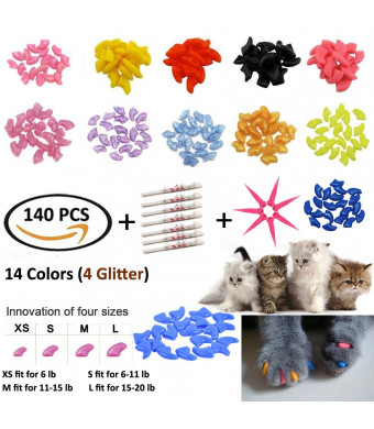 JOYJULY 140pcs Pet Cat Kitty Soft Claws Caps Control Soft Paws of 4 Glitter Colors, 10 Colorful Cat Nails Caps Covers + 7 Adhesive Glue+7 Applicator with Instruction