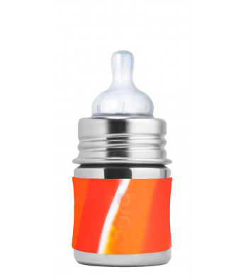 Pura Kiki 5oz / 150ml Stainless Steel Infant Bottle with Silicone Natural Vent Nipple and Sleeve, Orange Swirl (Plastic Free, NonToxic Certified, BPA Free)
