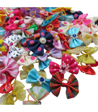 Chenkou Craft Random of 100pcs New Dog Hair Bow with Rubber Band Rhinestone Pet Grooming Products Mix Colors Varies Patterns Pet Hair Bows Dog Accessories