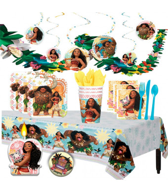 Another Dream Disney Moana Deluxe MEGA Birthday Party Supplies Pack and Decorations for 16 includes Plates, Napkins, Cups, Cutlery, a Table Cover, a Candle, Swirl Decorations, and a Flower Garland
