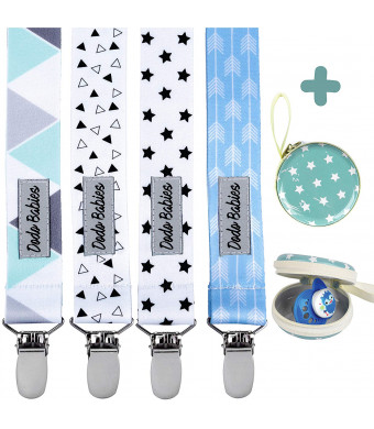 Pacifier Clip by Dodo Babies Pack of 4 + Pacifier Case, Premium Quality Modern Designs Universal Holder Leash for Boys and Girls, Teething Toy or Soothie, Baby Shower Gift Set