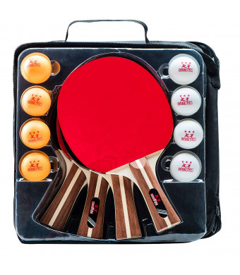 Ping Pong Paddle Set - 4 Wood Ping Pong Paddles - Ergonomic Grip - 8 Tournament Table Tennis Balls - Paddle Case - Professional/Casual Play - Portable Table Tennis Set .- Family Table Games